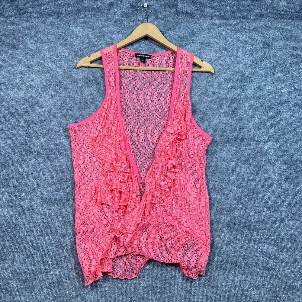 Cha Cha Vente Womens Neon Pink Floral Lace Ruffle Open Front Vest Large 4824-IM